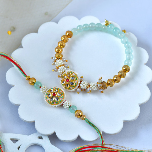 Bhaiya Bhabhi Regal Kundan Pearl Rakhi Set