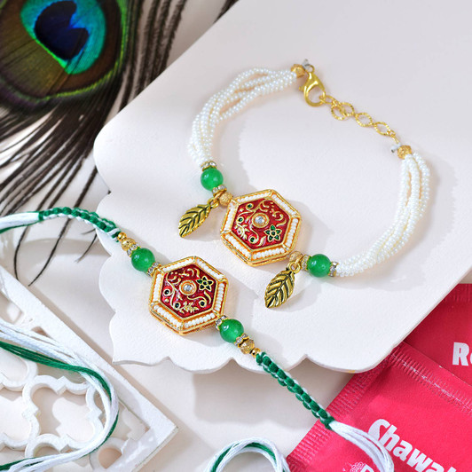 Premium Meenakari Bhaiya Bhabhi Rakhi Set with Pearl Bracelet