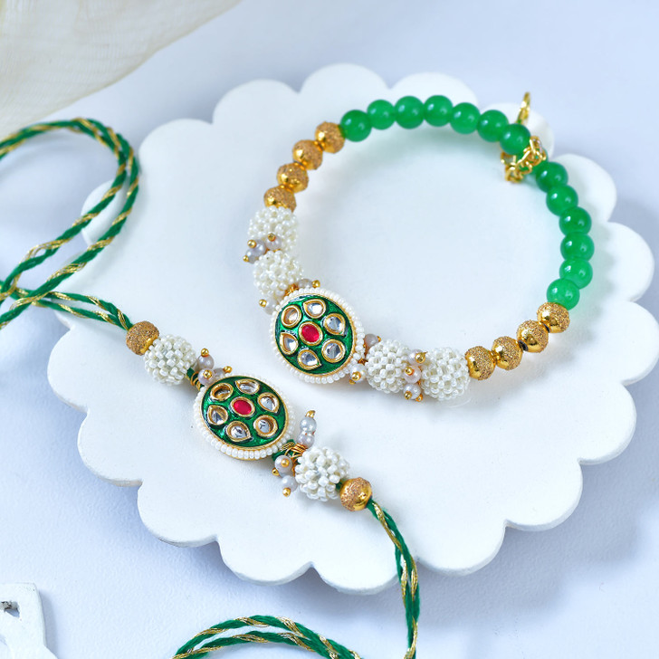 Regal Emerald Kundan Bhaiya Bhabhi Rakhi Set