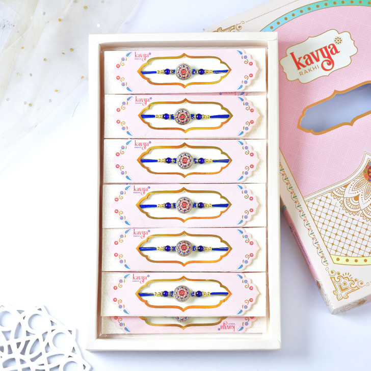 Elegant Meenakari Rakhi with Royal Blue Thread