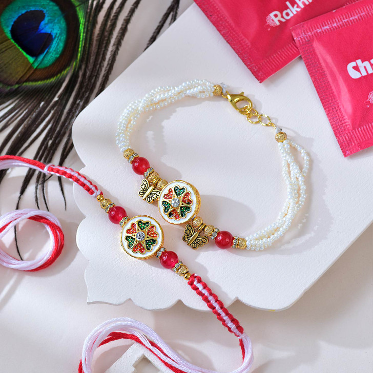 Elegant Floral & Pearl Bhaiya Bhabhi Rakhi Set