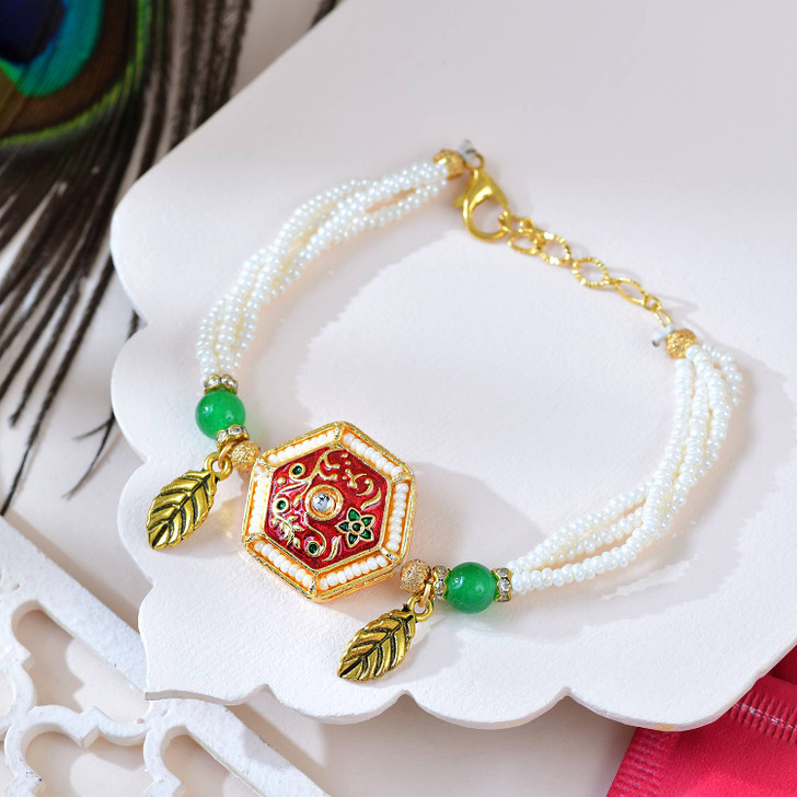 Premium Meenakari Bhaiya Bhabhi Rakhi Set with Pearl Bracelet