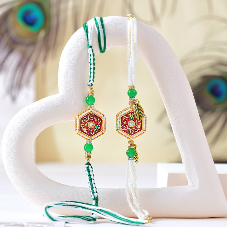Premium Meenakari Bhaiya Bhabhi Rakhi Set with Pearl Bracelet
