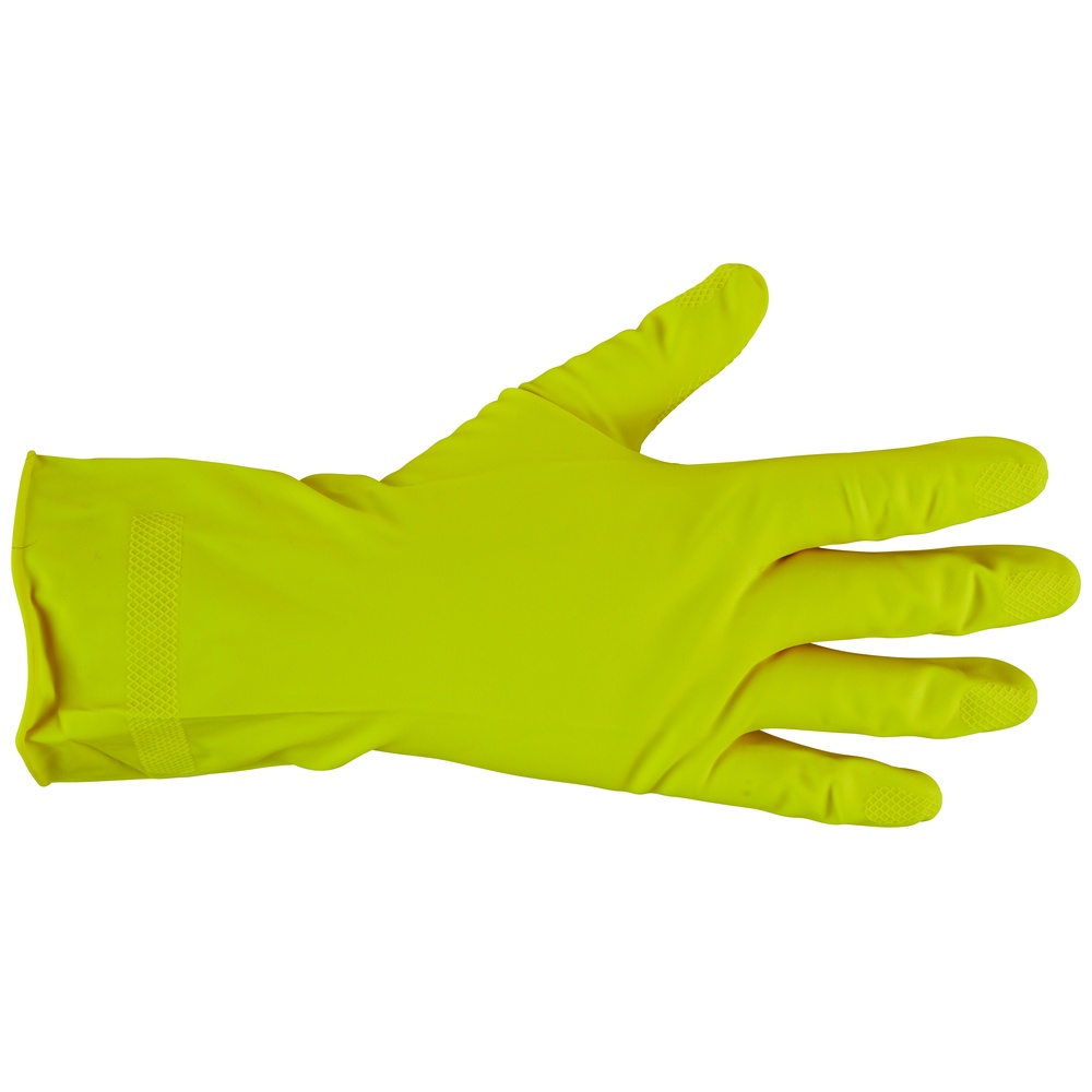 Reusable Latex Gloves, Flock-Lined, Embossed Grip, 18 Mil, Yellow