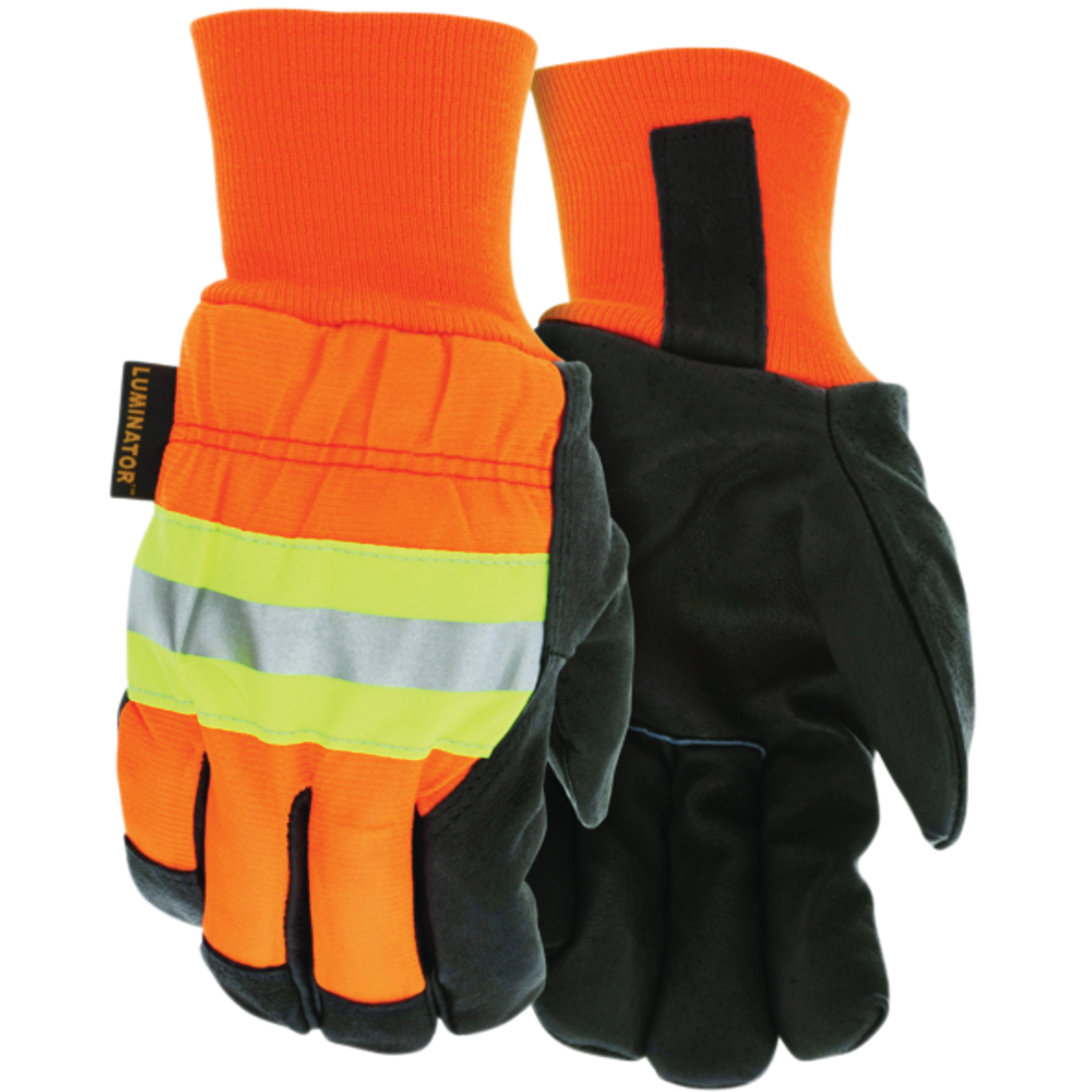 MCR Safety Luminator® Series Insulated Leather Drivers Work Gloves, Reflective, Grain Pigskin Leather Palm, Wing Thumb, Orange/Black
