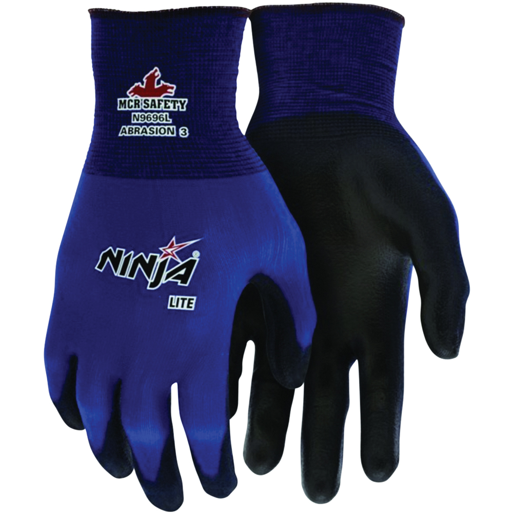 MCR Safety Ninja® Lite Work Gloves, Nylon, Polyurethane Coated, 18 Gauge, Blue/Black