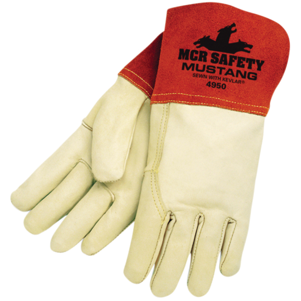 MCR Safety Mustang Leather Welding Work Gloves, Premium Top Grain Cowskin Leather, 4.5 Inch Split Leather Gauntlet Cuff, Natural/Orange