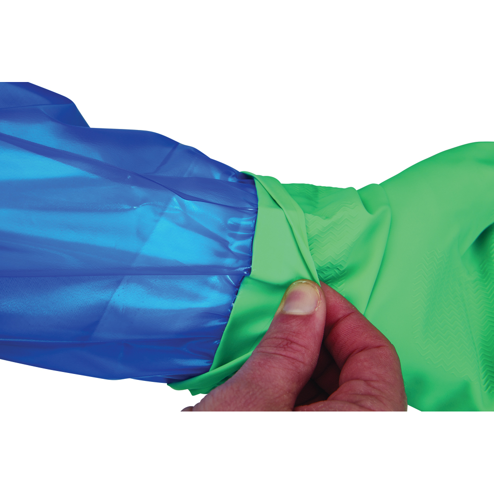 PolyCo Conversions VR® Sleeve Gloves, 80 Series, Lined 15 Mil Nitrile Glove, 6 Mil VR® Sleeve, Blue/Green