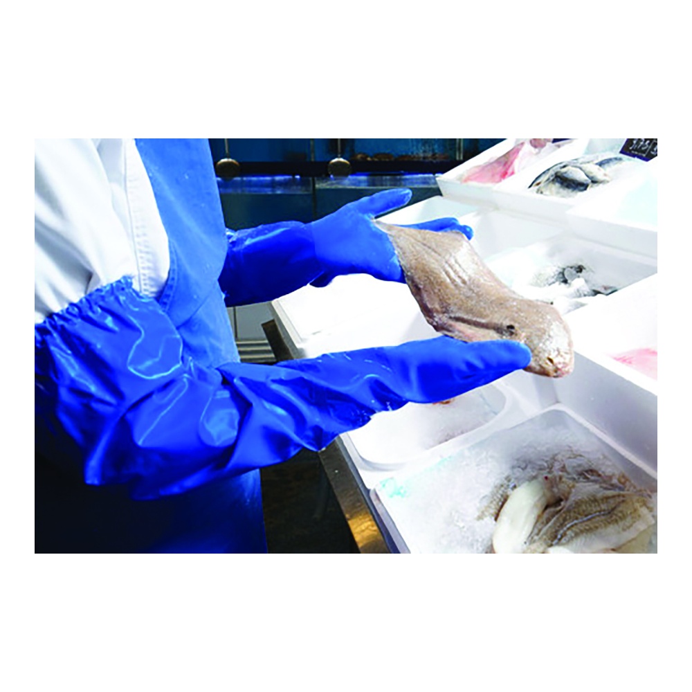 Ansell AlphaTec® 23-201 Long Sleeve Gloves, PVC Coated, Sandblast Grip, 13 Gauge, Blue