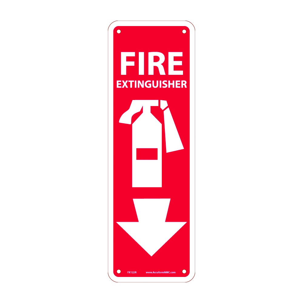 AccuformNMC Fire Extinguisher Sign, "FIRE EXTINGUISHER" with Down Arrow, Rigid Plastic, 4 Inch x 14 Inch, Red/White