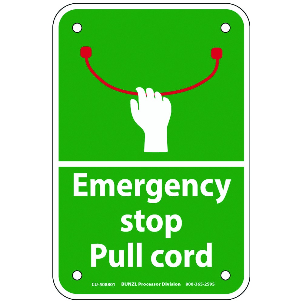 Accuform Emergency Stop Sign, "EMERGENCY STOP PULL CORD", Aluminum, 4 Inch x 6 Inch, Green/White