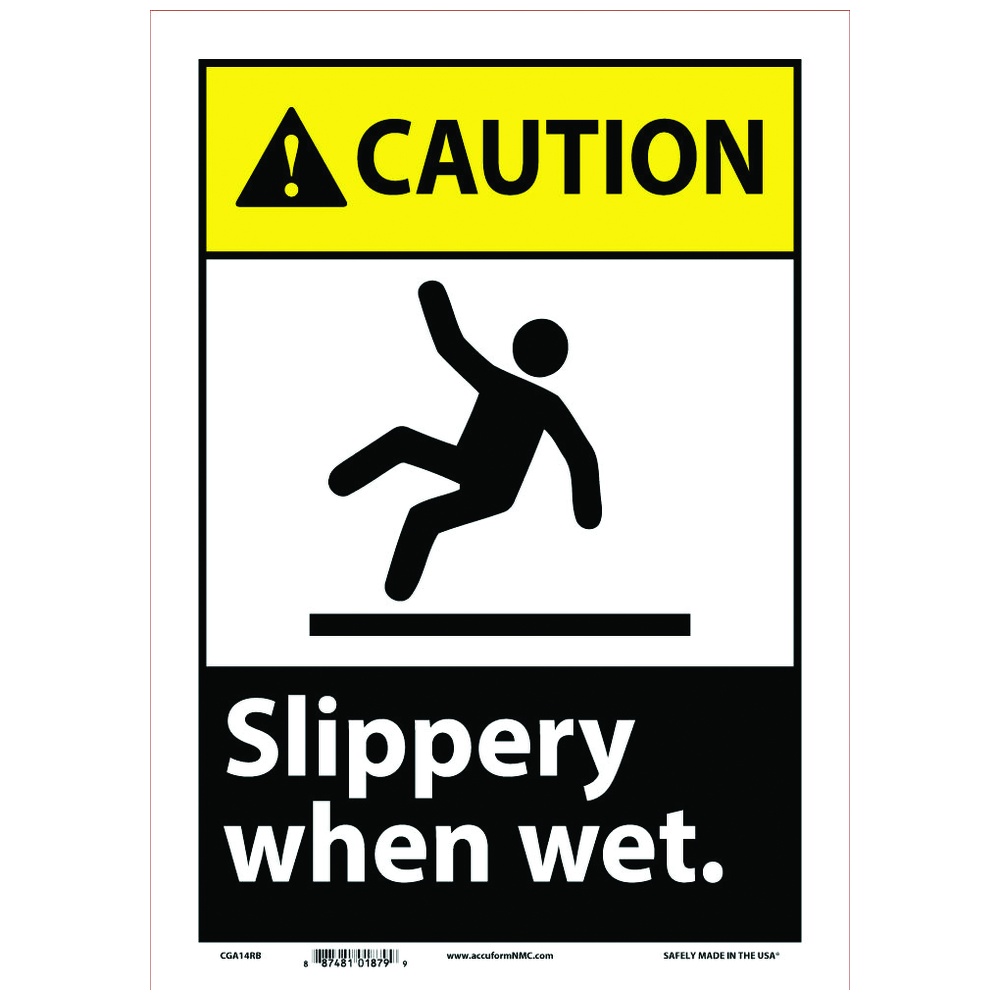 AccuFormNMC Caution Sign, "CAUTION SLIPPERY WHEN WET", Rigid Plastic, 10 Inch x 14 Inch, White/Black