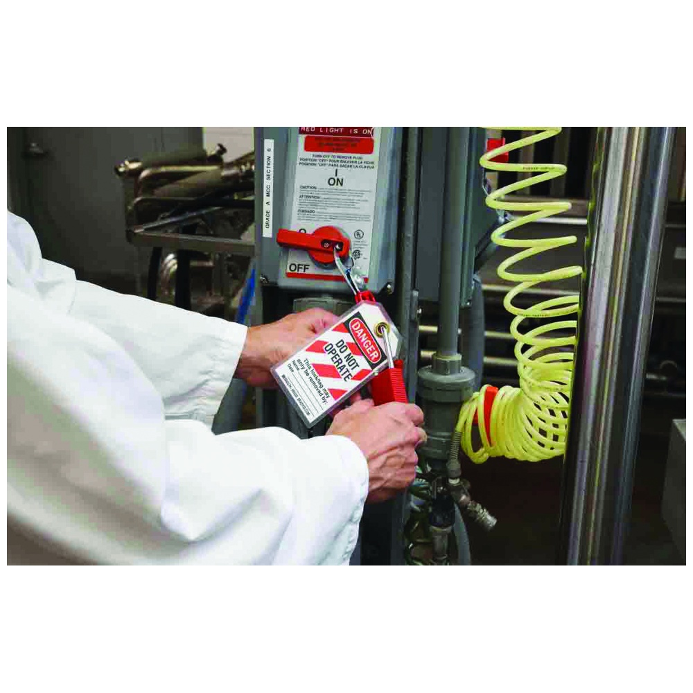 Brady 65671 Red on White Polyester Plug Lockout, 25 per pack