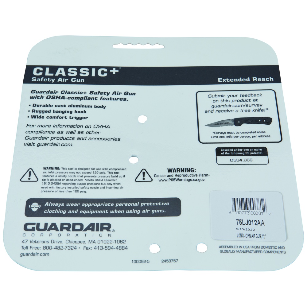 Guard Air Long John Safety Air Blow Gun, Aluminum