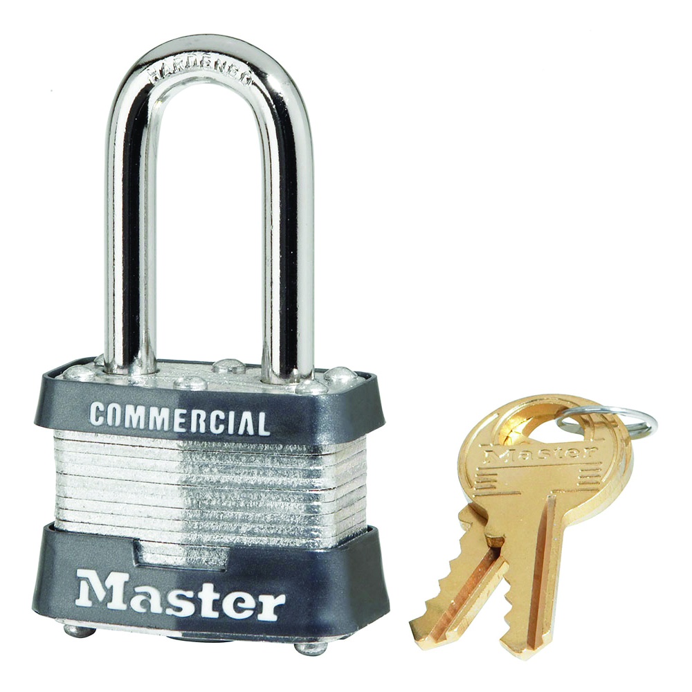 Master Lock Commercial Grade Padlock, Laminated Steel, 4 Pin, 1.5 Inch Shackle, Keyed Alike, Gray