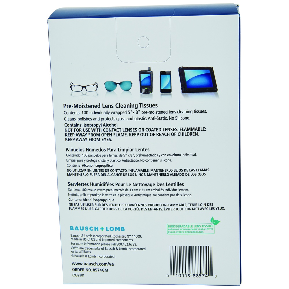 Bausch + Lomb Pre-Moistened Lens Cleaning Tissues, Anti-Fog, Anti-Static, Individually Packaged, 5 Inch x 8 Inch