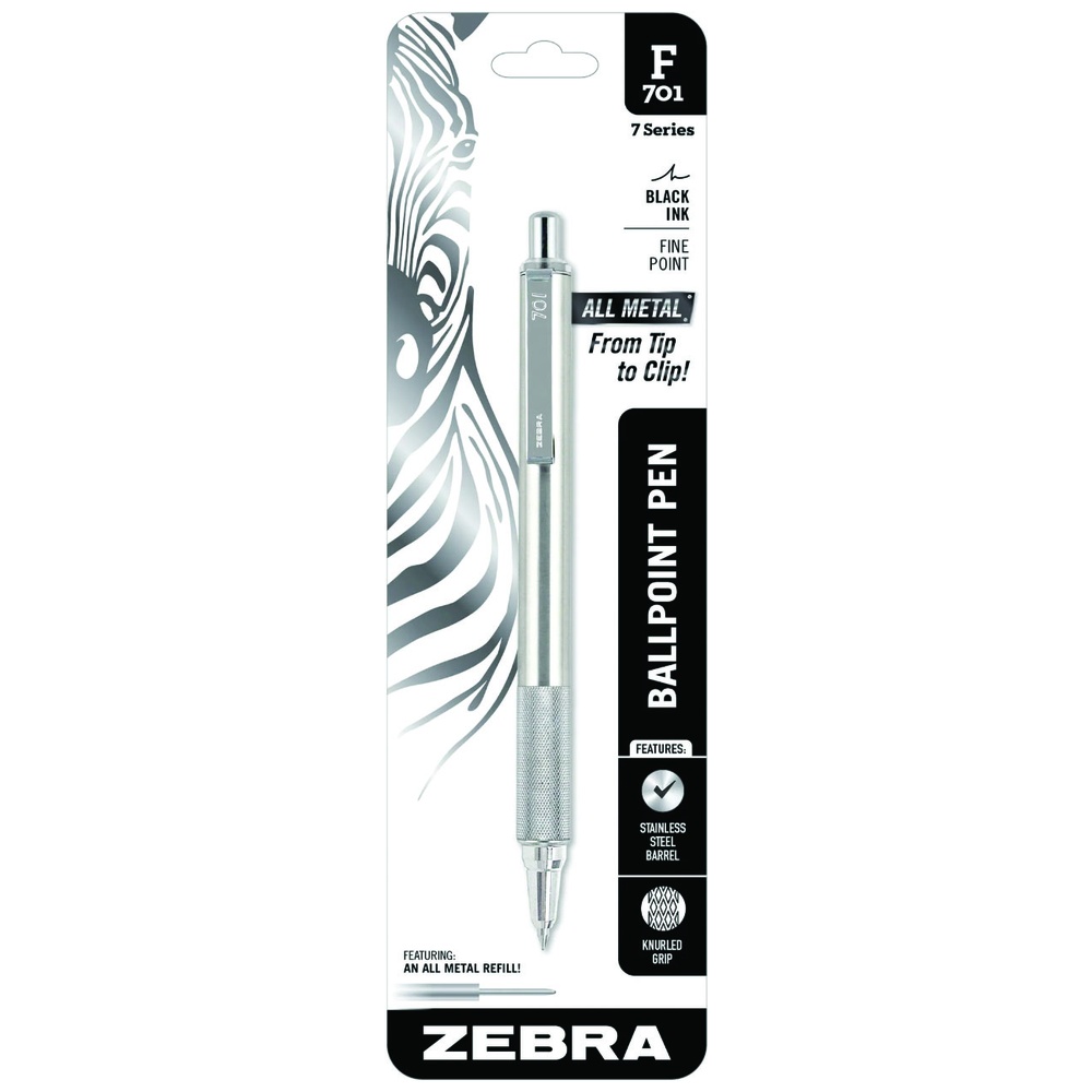 Zebra F-701 All Metal Ballpoint Retractable Pen, Fine Point, Black Ink