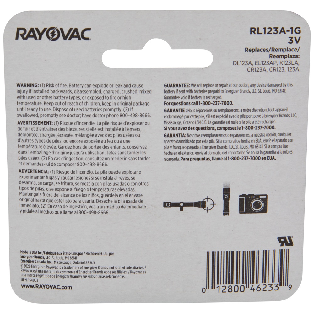 RAYOVAC® 123 Lithium Photo Battery, 3V
