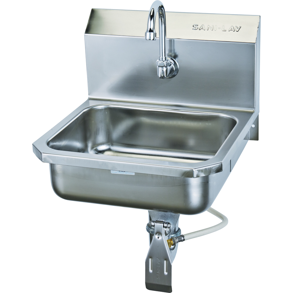 Sani-Lav Hands-Free Wall Mounted Stainless Steel Sink with Single Knee Pedal Valve, 14″ x 11″ x 5″ Bowl