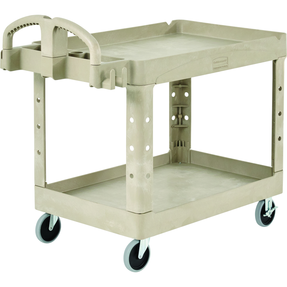 Rubbermaid Heavy Duty Utility Cart w/ Flat Handle Storage Compartments, Lipped Shelf, Medium