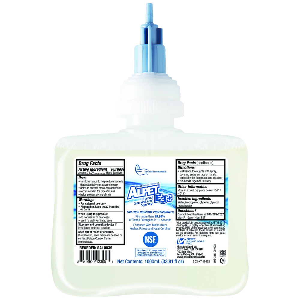 Best Sanitizers Alpet E3 Plus Hand Sanitizer Spray, VersaClenz Refill Cartridge
