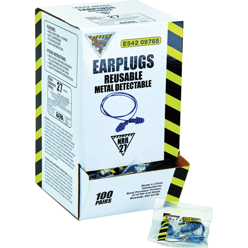 WorkHorse Four-Flange Reusable Earplugs, Metal Detectable, NRR 27