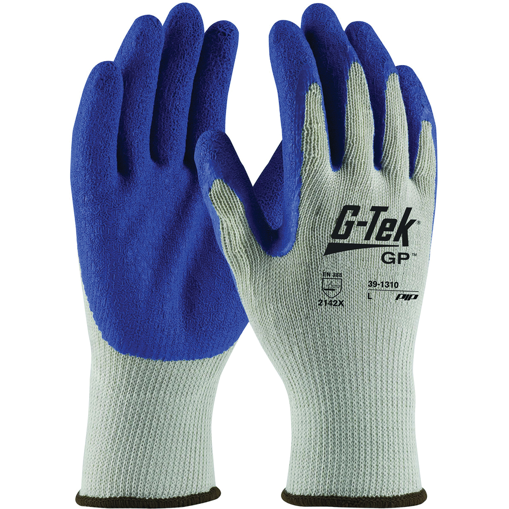 PIP G-Tek® Economy Weight Gloves, Polyester, Latex Coated, Crinkle Grip, 10 Gauge, Gray/Blue