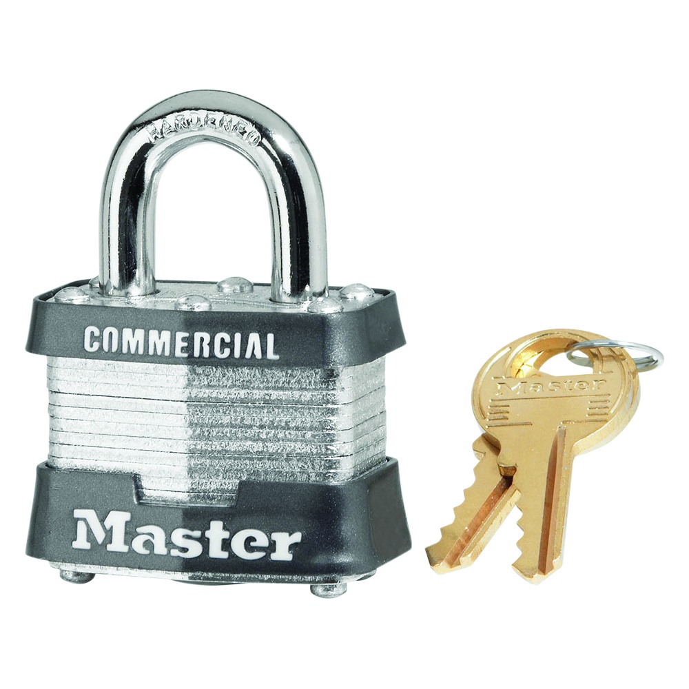 Master Lock 1-9/16in Wide Laminated Steel Safety Padlock, 3 Lock, Keyed Different