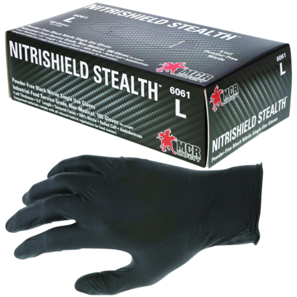 MCR Safety NitriShield™ Stealth™ Disposable Nitrile Gloves, Industrial Food Service Grade, Powder-Free, Textured, 4 Mil, Black