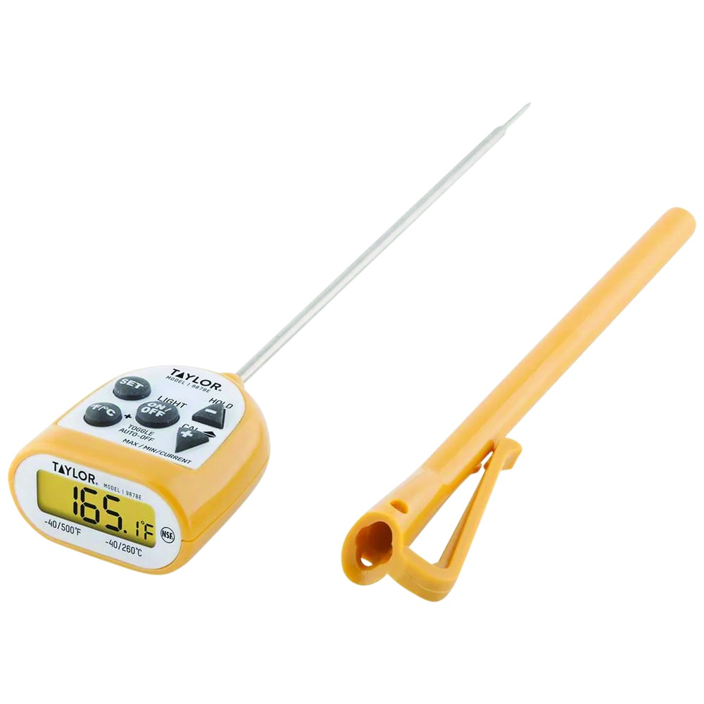Taylor Digital Pocket Thermometer with Protective Pocket Clip Case, NSF Certified, Antimicrobial Casing, 0.4 Inch LCD, 4.5 Inch Tapered Tip Probe, -40 to 500 Degrees F, Yellow