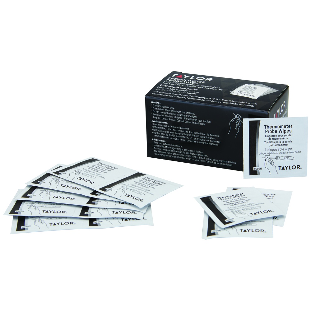 Taylor Thermometer Probe Wipes, 70% Isopropyl Alcohol, Individually Wrapped, 2.625 Inch x 1.25 Inch, 100 per Box Taylor Thermometer Probe Wipes, 70% Isopropyl Alcohol, Individually Wrapped, 2.625 Inch x 1.25 Inch, 100 per Box