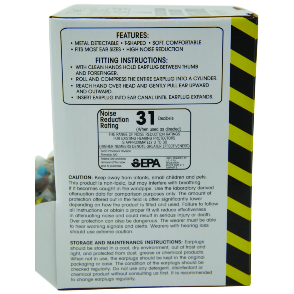WorkHorse Disposable Metal Detectable Earplugs, T-Shaped, NRR 31