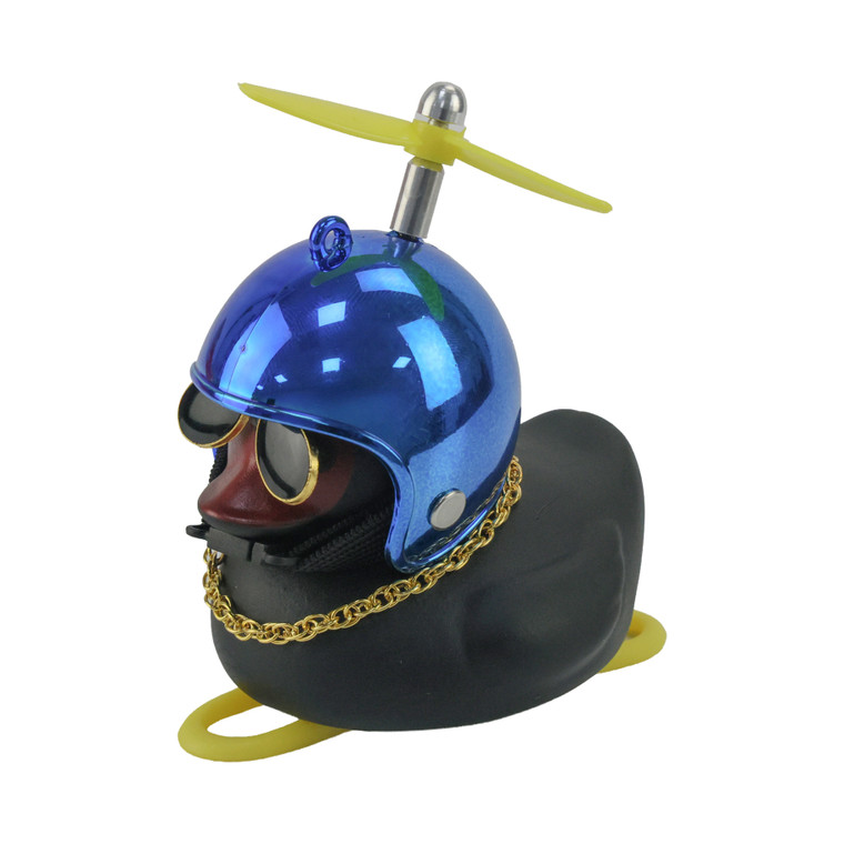 PATO DECORATIVO NEGRO CON CASCO CROMADO AZUL