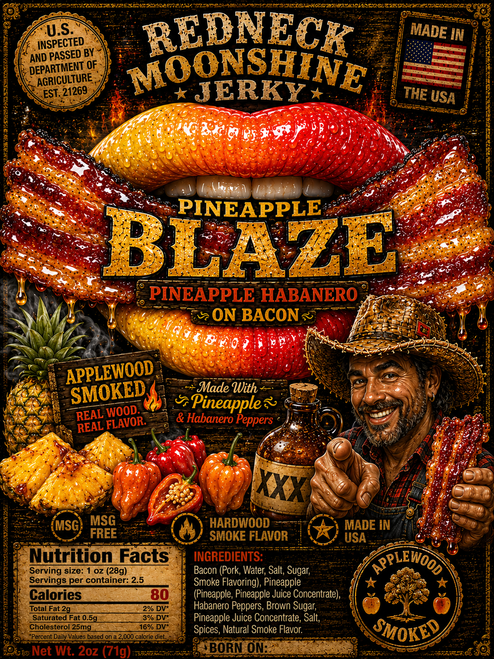 Here are strong SEO/meta keywords for **Pineapple Blaze Bacon Jerky**:

* pineapple blaze bacon jerky
* pineapple habanero bacon jerky
* spicy bacon jerky
* sweet heat bacon jerky
* smoked bacon jerky
* tropical bacon jerky
* pineapple jerky
* habanero bacon
* gourmet bacon jerky
* handcrafted bacon jerky
* hardwood smoked bacon jerky
* spicy pineapple jerky
* sweet and spicy bacon
* artisan bacon jerky
* premium bacon snacks
* protein snack bacon jerky
* keto bacon jerky
* spicy meat snacks
* Florida made jerky
* Redneck Moonshine Jerky
* bacon strips jerky
* smoky pineapple glaze
* fiery bacon jerky
* sweet heat meat snacks
* gourmet spicy snacks