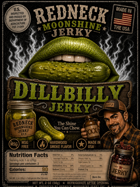 Dillbilly Jerky brings bold country flavor with a tangy twist straight from the backwoods smokehouse. This savory jerky is glazed in a rich horseradish dill sauce that combines the zesty bite of dill pickle with the sharp kick of creamy horseradish for a flavor that’s loud, addictive, and unlike anything else on the market.

The smoky beef base balances perfectly with the cool dill tang and peppery heat, delivering a mouthwatering sweet-savory punch in every bite. If you love pickle flavor with a bold horseradish burn, Dillbilly Jerky is the ultimate hillbilly-style snack experience.