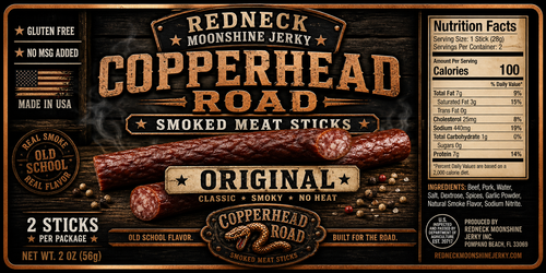 Copperhead Road Jalapeño Cheddar Snack Sticks Twin Pack delivers double the bold smokehouse flavor in a hearty 2 oz grab-and-go protein snack. These hardwood-smoked meat sticks are loaded with savory beef flavor, creamy cheddar cheese, and a smooth jalapeño kick that brings just the right amount of heat to every bite.

Crafted with an outlaw spirit and Southern smokehouse attitude, this twin pack combines rich smoky flavor with melty cheddar goodness and peppery heat for a satisfying snack that’s perfect for the road, the hunt camp, or anytime hunger strikes. Rugged, cheesy, smoky, and packed with flavor — Copperhead Road was built for serious snack stick lovers.