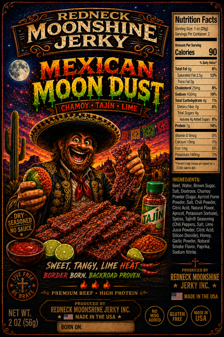 Mexican Moondust Jerky explodes with bold street-style flavor inspired by classic Mexican candy and smoky backyard grilling. This handcrafted jerky is coated in a tangy chamoy and chili-lime seasoning blend that delivers the perfect mix of savory smoke, citrus zing, mild heat, and mouthwatering sweetness in every bite.

The rich beef flavor pairs perfectly with the tart lime punch and smoky chili finish, creating a bold flavor experience that’s addictive from the first chew. Sweet, tangy, spicy, and packed with attitude, Mexican Moondust brings authentic fiesta-style flavor straight to the smokehouse.
