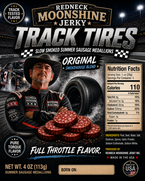 Track Tires Original Smoked Sausage Medallions deliver bold race-day flavor with a classic smokehouse finish that keeps the engine running strong. These thick-cut sausage medallions are hardwood-smoked to perfection and seasoned with a traditional blend of savory spices that highlights rich beef flavor, natural smoke, and old-school country goodness in every bite.

Built for snack lovers who appreciate timeless flavor without the heat, Track Tires Original combines a tender bite with deep smoky character and rugged Southern-style seasoning. Whether you’re at the racetrack, on the road, or around the smoker, these medallions bring full-throttle flavor from start to finish.