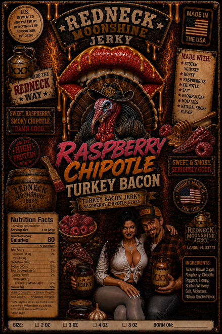 Smoked turkey bacon jerky glazed with raspberry chipotle. Sweet berry up front, chipotle heat on the finish.