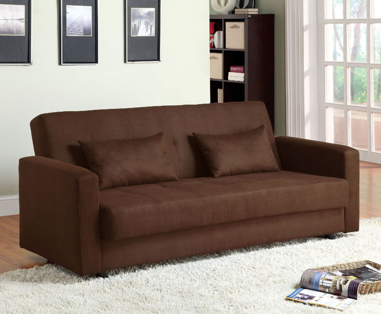 The Jansen Contemporary Microfiber Futon Sofa w/ Storage available at Furniture Express HI