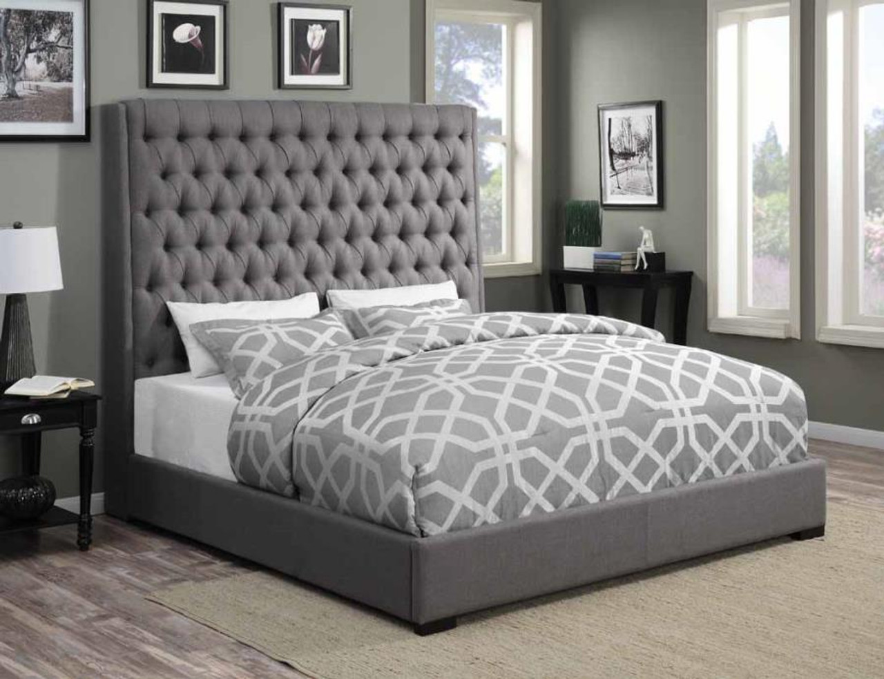 gray padded california king bed frames