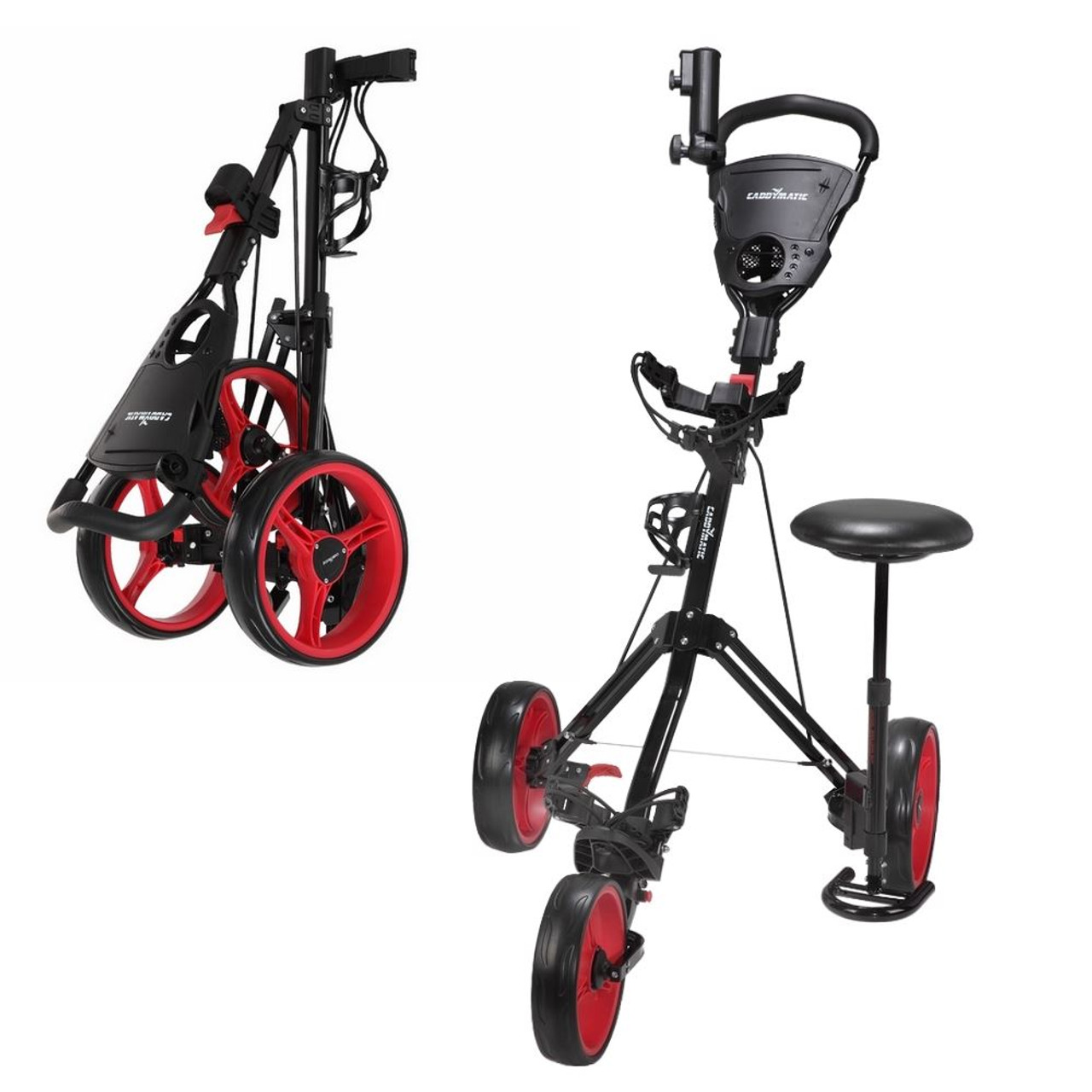 Caddymatic Golf X-TREME 3 Wheel Push/Pull Golf Trolley with Seat Black/Red  - The Sports HQ