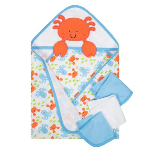 Gerber 4-Piece Baby Boys' Crab Terry Hooded Bath Wrap & Washcloths Set