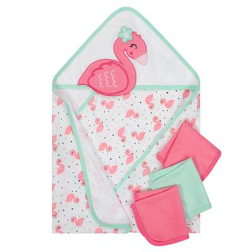 Gerber 4-Piece Baby Girls' Flamingo Terry Hooded Bath Wrap & Washcloths Set