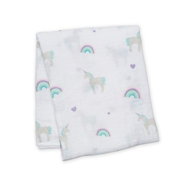 Lulujo Baby 100% Cotton Rainbows and Unicorns swaddling Blanket