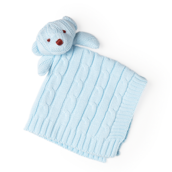 Rose Textiles Blue Cable Knit Bear Security Blanket