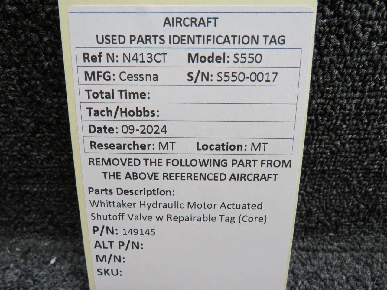 149145 Whittaker Hydraulic Motor Actuator Shutoff Valve Core with
