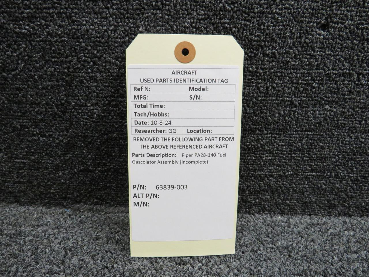 63839-003 Piper PA28-140 Fuel Gascolator Assembly (Incomplete) For Sale
