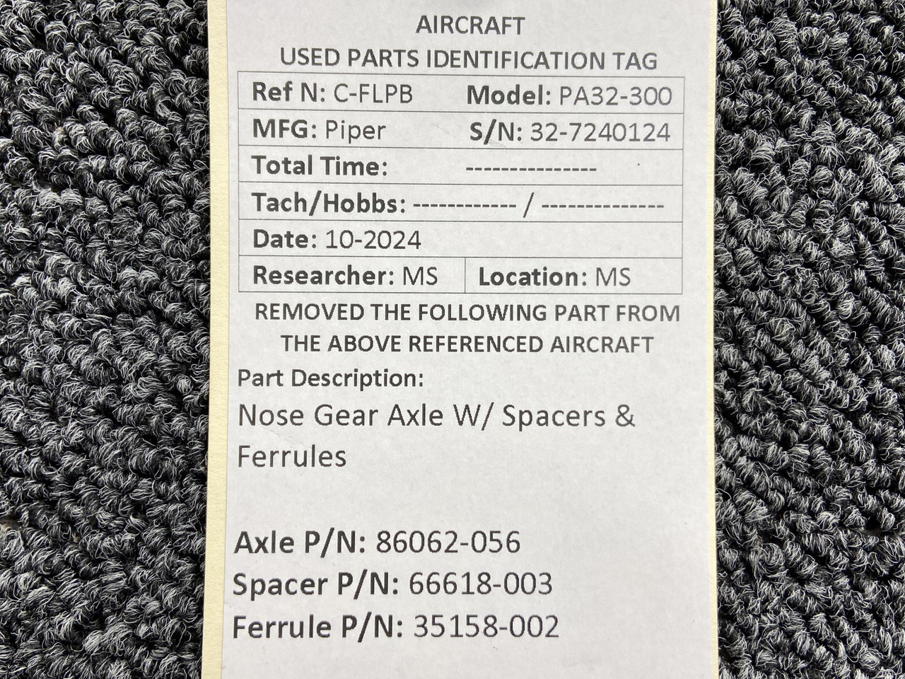 86062-056 Spacer Part Number 66618-003 Piper PA32-300 Nose Gear