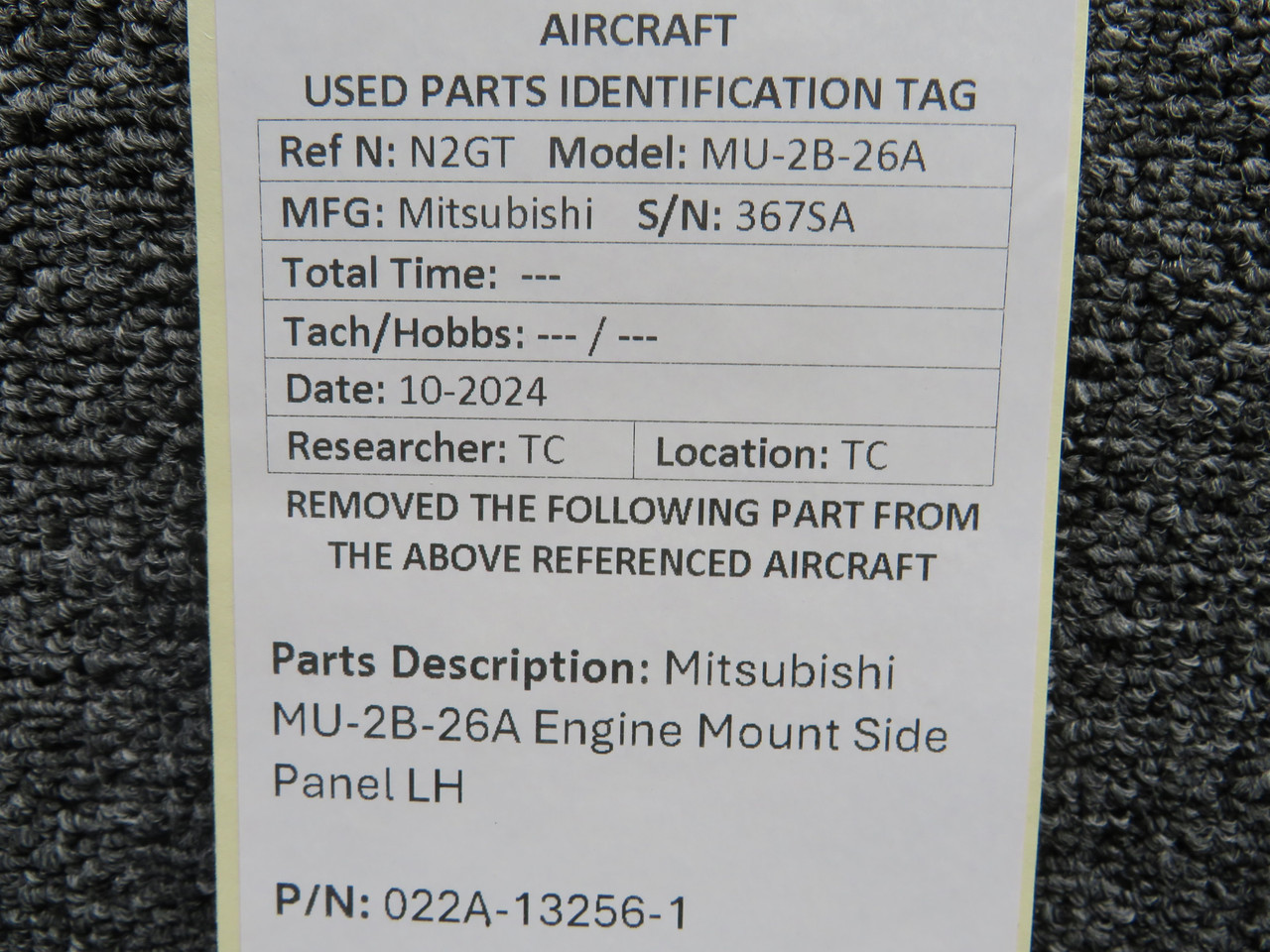 022A-13256-1 Mitsubishi MU-2B-26A Engine Mount Side Panel Left Hand